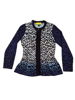St. John Black & Blue Leopard-Print Peplum Full Zip Cardigan Jacket